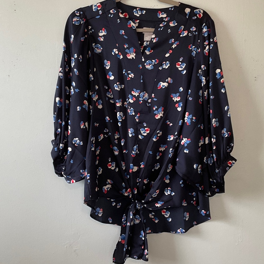 Chico's Navy Floral Tie-Front Top with Red & Light Blue Accents